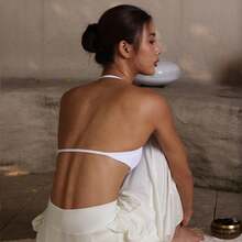 Popular Camisole Bra, Women's Backless Spaghetti Strap Sports Bra, Light Support, Cropped Workout Top, Seamless Pleated Yoga Bra Pad - White - View 11