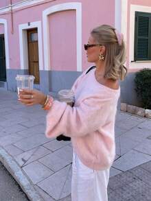 Senya 女士新款休闲纯色宽松露肩长袖毛衣，浪漫粉色，超大针织上衣