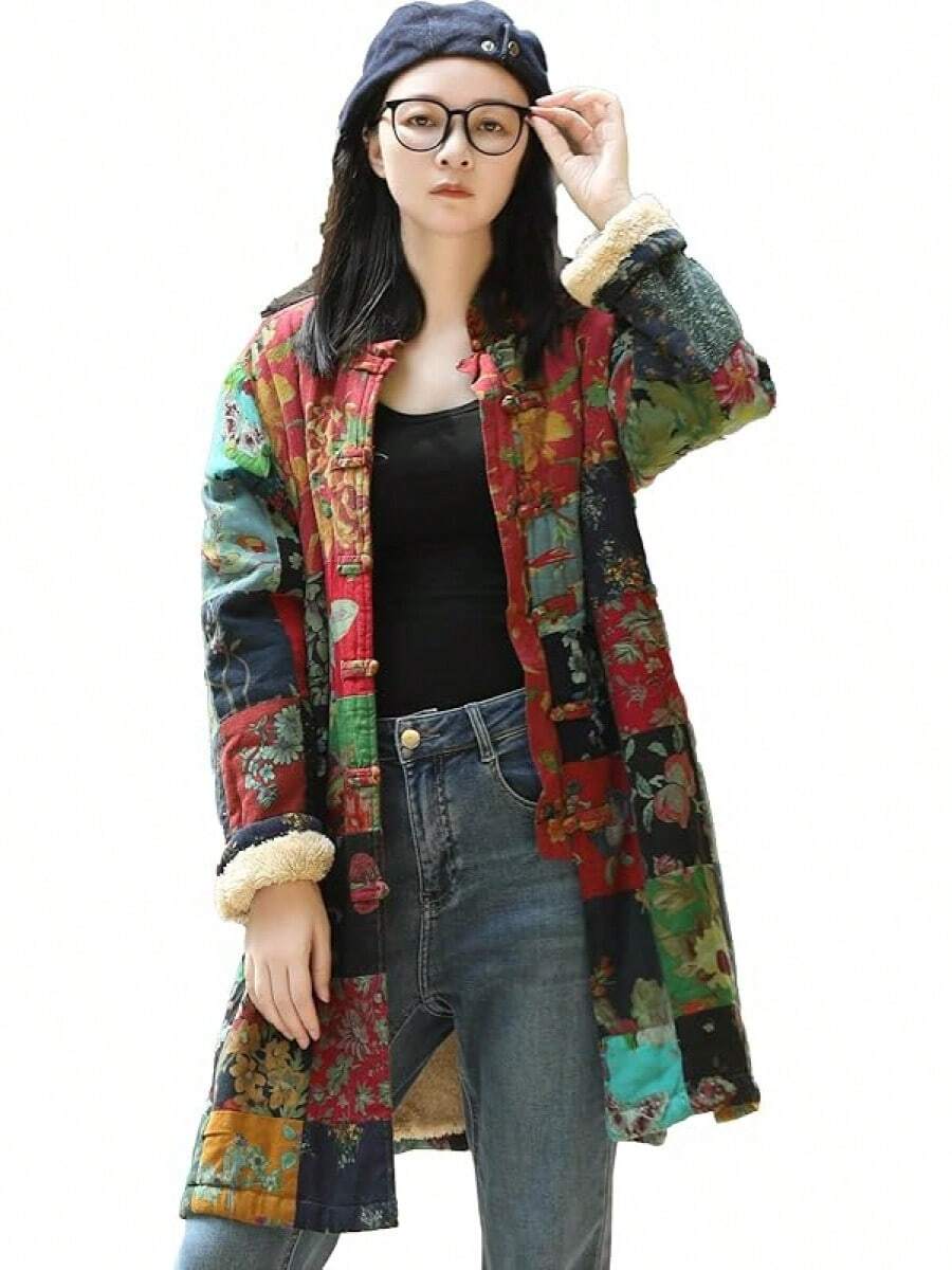 LUZU JUNU Women's Trench Coat Floral Print Long Cotton Linen Jacke Cottagecore Clothing Patchwork Outwear Bohemian Unique - 綠色夾克毛絨襯裡 - 查看 1