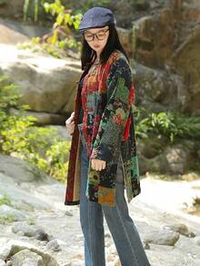 LUZU JUNU Women's Trench Coat Floral Print Long Cotton Linen Jacke Cottagecore Clothing Patchwork Outwear Bohemian Unique - 綠色夾克毛絨襯裡 - 查看 5