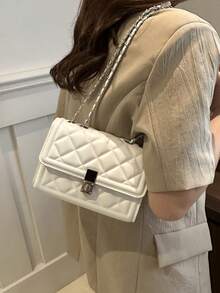 Bolsa Feminina de Ombro 2025 Luxo Acolchoada Xadrez Cor Sólida PU com Fechadura Especial, Carteira Acessório Versátil, Adequada para Saídas Diárias, Deslocamentos, Reuniões, Encontros e Presentes