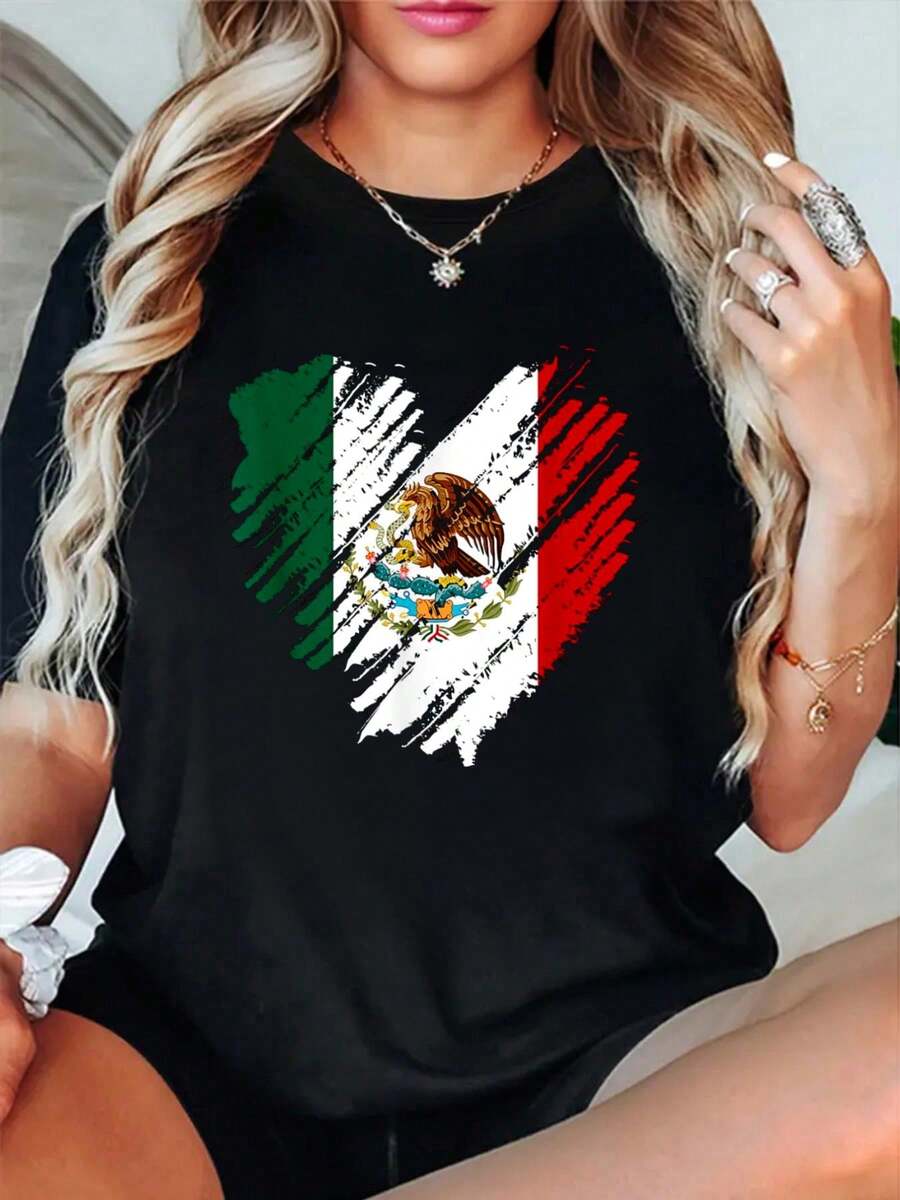 Camiseta de la Ciudad de México con la bandera mexicana y el corazón - Negro - Ver 1