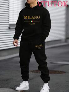 (2PC)Men's Casual Printed Hoodie And Sweatpants Set, Autumn And Winter Men's Sportswear, Men's Fashion  Sportswear Printed MILANO ITALIA - 黑色 - 查看 1
