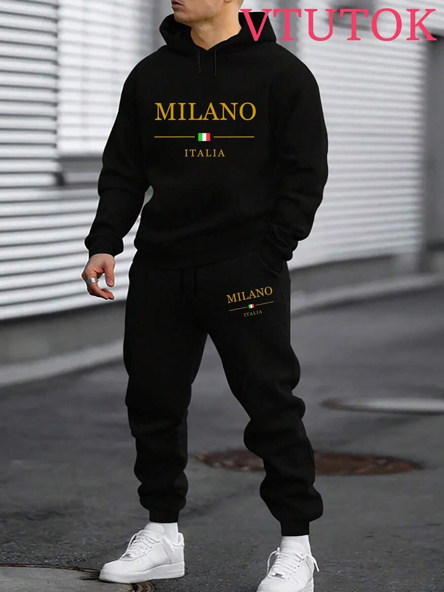 (2PC)Men's Casual Printed Hoodie And Sweatpants Set, Autumn And Winter Men's Sportswear, Men's Fashion  Sportswear Printed MILANO ITALIA - 黑色 - 查看 1