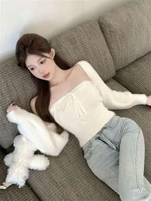 Rikumo 两件套性感迷人杏色吊带上衣和仿毛皮长袖毛衣套装，适合约会、通勤、圣诞节、新年和冬季穿着。 - 杏色 - 查看 8