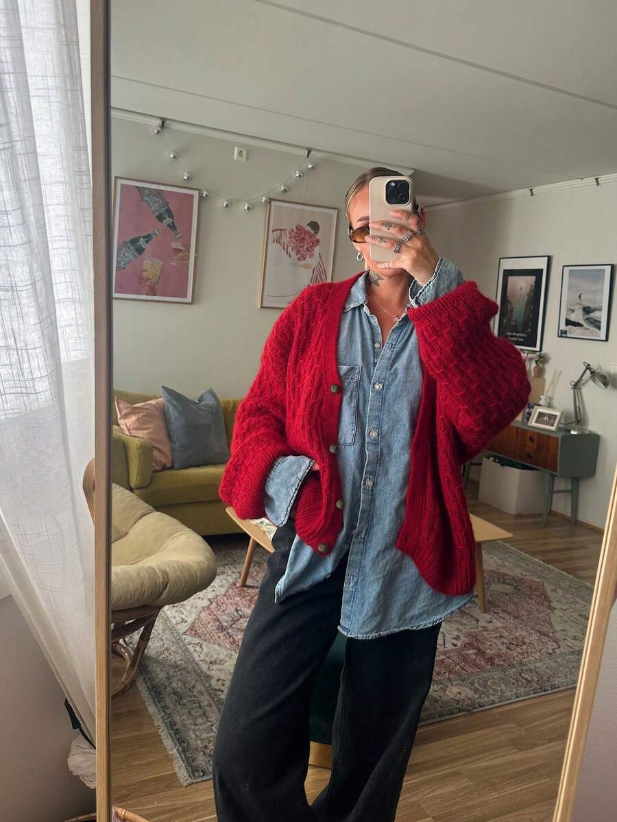 Senya Women's Solid Colour V-Neck Single-Breasted Knitted Jumper Cardigan, Loose Casual, Red, Office, Daily Commute, Christmas, Valentine's Day, Graduation, Back-To-School, Halloween, New Year's Twisted Rope Sweater Top