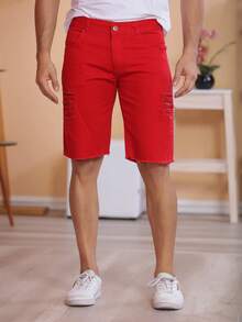 Men's Ripped Colorful Bermuda Jeans - 紅色 - 查看 4
