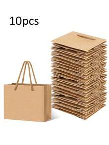 10Pcs-Khaki Kraft Paper Bags With Handles, Khaki Gift Bags, Solid Color Gift Bag, Mini Portable Small Shopping Bags For Boutique, Wedding Party Favor Bags, BabyShower, Birthday Party, Gift Bags, Bridesmaids Bags, Mother's Day Graduation