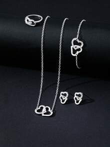 1对心形耳钉，1条手链，1条项链，1个戒指，5件/套 - 銀色 - 查看 2