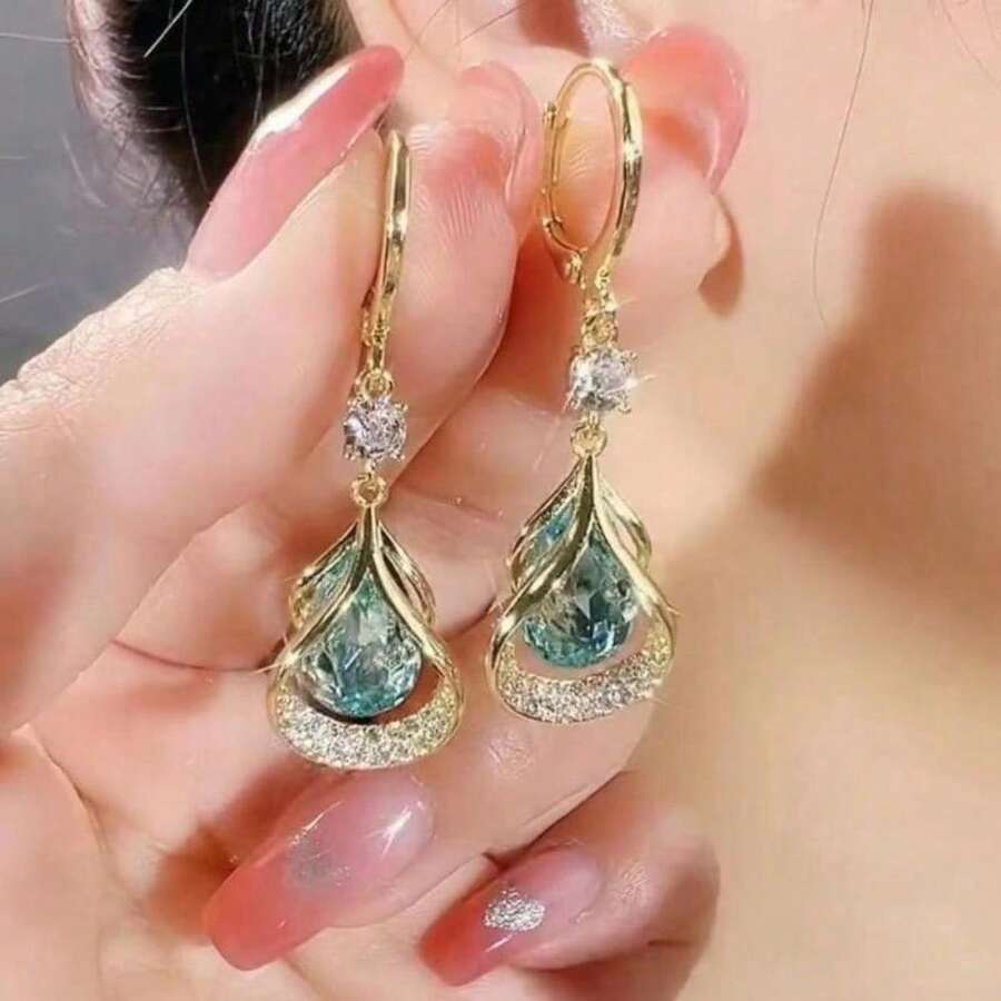 1 Pair Of Moissanite Luxury Cat's Eye Geometric Earrings Water Drop Earrings Earrings Buckle Earrings - Suitable For Everyday Wear And Gifting - 耳環 - 查看 1