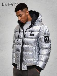 1pc Men's Silver Shiny Reflective Cuff Patch Pocket Design Cold-Resistant Padded Coat, Minimalist Hooded Style, Machine Washable, Versatile Old Money Style, Fall/Winter