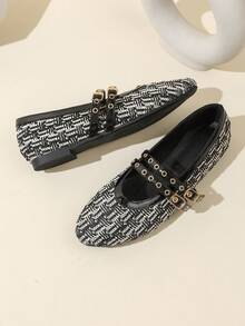 Sapatilhas Pretas e Brancas Trançadas de Bloco de Cores com Bico Redondo para Mulheres, Sapatilhas, Sapatilhas Clássicas, Outono, Balé