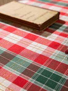 1pc Red & White Plaid Gold Line Square Tablecloth, Farmhouse Style Dining Table Cover, Polyester Material, Suitable For Kitchen, Dining Room And Christmas Decoration - Red and White - View 5