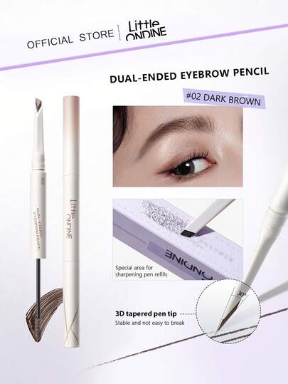 Little Ondine قلم حواجب مزدوج 02، رأس مثلثي فائق الدقة، تشكيل دقيق، فرشاة حواجب حلزونية للامتزاج الطبيعي، مقاوم للعرق والبقع والماء، قلم حواجب طبيعي، 0.17 جرام + 1.6 مل/0.06 أونصة
