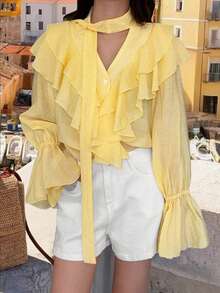 Damen neue V-Ausschnitt Knopf Mehrschicht Volant Schleife transparente elegante Mode Lässig Bluse, geeignet für Herbst/Winter - Gelb - Übersicht 2