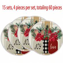 1 buc/4 buc/6 buc/60 buc Covorașe rotunde cu motive florale de Crăciun, frunze verzi și fructe de pădure roșii, covorașe din in de Crăciun, covorașe rezistente la pete, potrivite pentru casă, sufragerie și restaurant, decor de masă, articole pentru casă