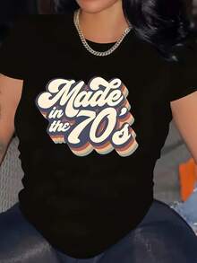 Women'S Plus Size "Made In The 70's" Retro Graphic T-Shirt - Casual Crew Neck, Black Polyester Blend, Stretchy & Machine Washable - Fashionable 70s Style, Vintage Tee | Playful Text Design | Comfortable Fit - 黑色 - 查看 1