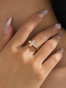 1pc Fashionable Elegant Rhinestone Inlaid Cross Ring For Women, Luxury Lightweight Suitable For Travel, Holiday, Party, Gift For Friends, Versatile For Daily Wear
