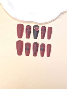 用24片棺材形美甲贴片表达你的爱意，甜美酷炫的黑色爱心、黑色树叶、红色美甲、时尚酒红色爱心、白色爱心条纹、黑色美甲，全覆盖假指甲套装，适合女性和女孩。套装包含美甲沙龙专用凝胶、1片果冻胶和1个指甲锉。凝胶条纹随机发货。 - 紅色 - 查看 3