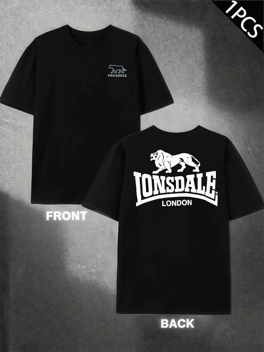 Lonsdale London Graphic T-Shirt, Men's Double-Sided Printed T-Shirt, Fashion Casual Crew Neck, 220gsm Cotton (1 Piece) - 黑色 - 查看 1