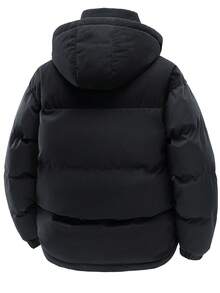 1 件男士灯芯绒拼接连帽棉服，适合日常休闲穿着，冬季棉服 - 黑色 - 查看 5