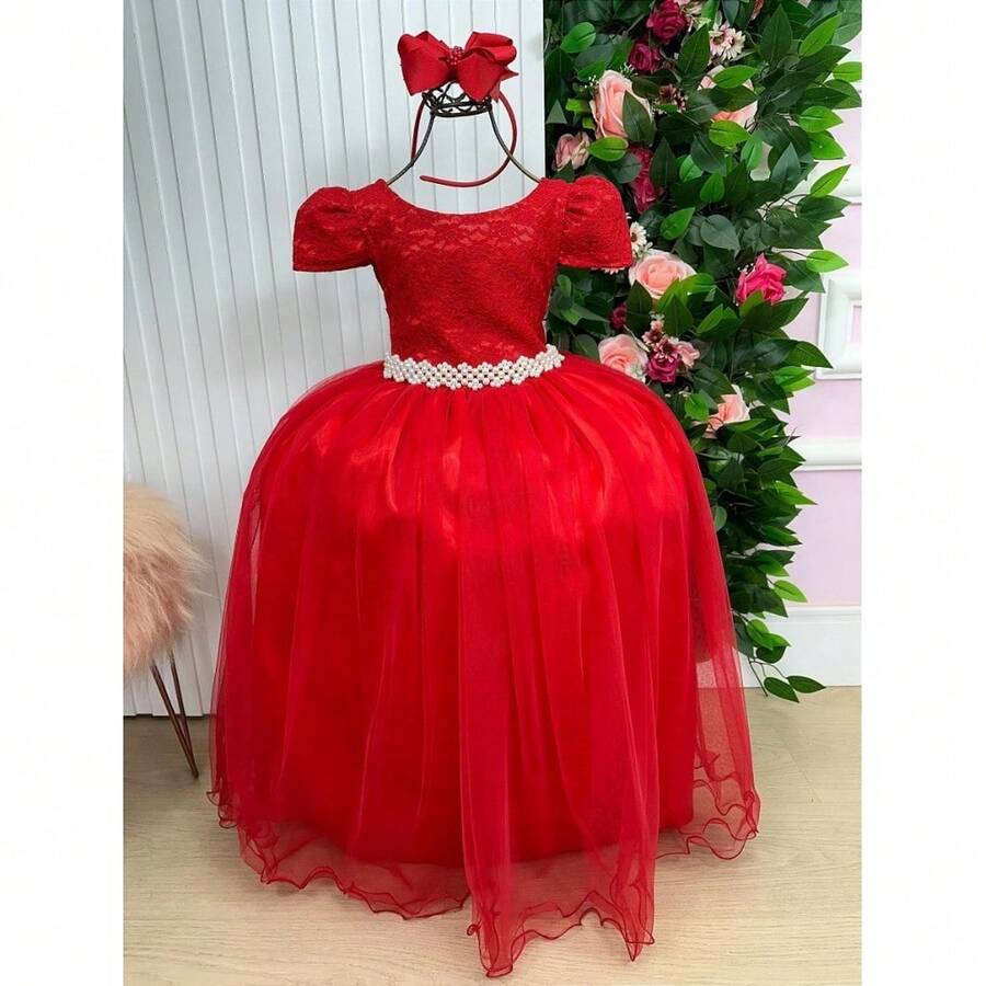 Vestido Enjoy Longo Laura Vermelho Peito Rendado - Vermelho - Visão 1