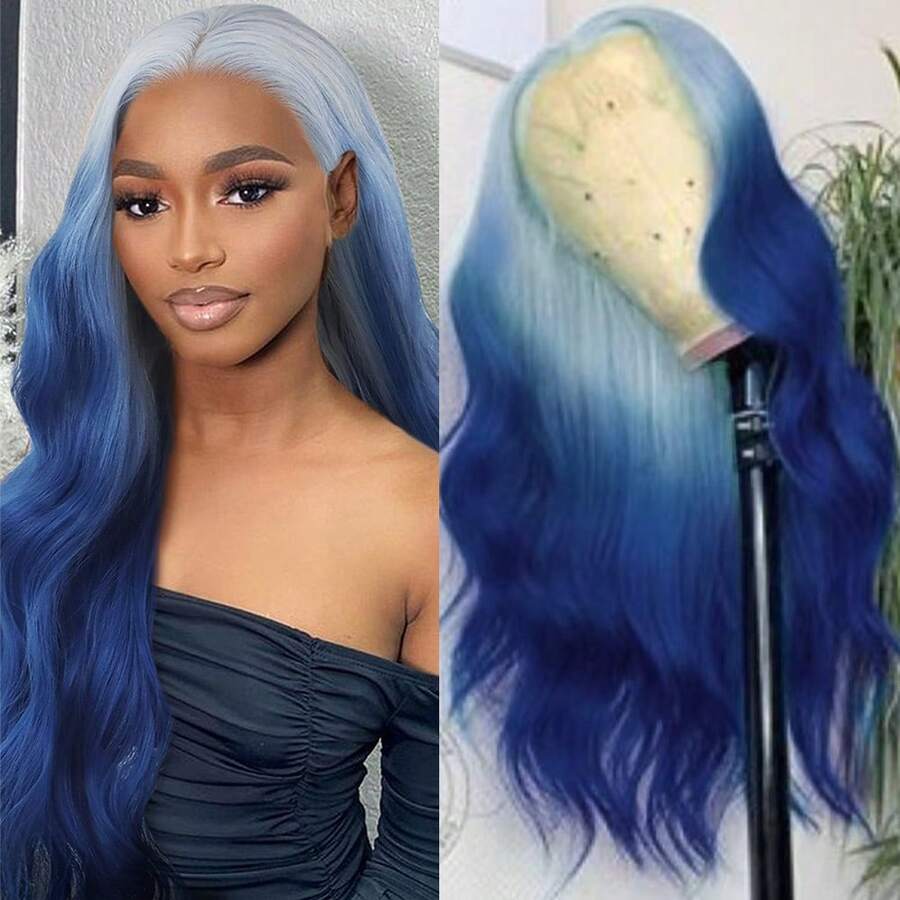 13X4 Free Part Ombre Pink Body Wave Synthetic Lace Front Wigs For Women 28 Inch Long Wavy Hair Wigs Glueless Soft Pink Ombre Colored Wigs Heat Resistant Christmas Wig Natural Long Wave Lace Front Wigs For Daily Party Cosplay Use - 漸層藍色 - 查看 1