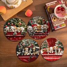 6 pièces/set ou 420 pièces/70 sets Chiens de Noël assis dans un camion rouge, motif sapin de Noël et flocons de neige, dessous-de-verre ronds en caoutchouc absorbant de 10 cm/2 mm d'épaisseur avec fond en caoutchouc souple, dessous-de-verre décoratifs convenant pour les tasses, la décoration de la cuisine et de la table de salle à manger