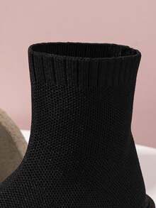 Children's Simple Round Toe Solid Color Series Knit Boots, 2025 Autumn/Winter New Fashionable Versatile Thick Sole Chunky Heel Black Mid-Calf Boots, Outdoor Comfortable Breathable Non-Slip Girls Ankle Boots - Black - View 5