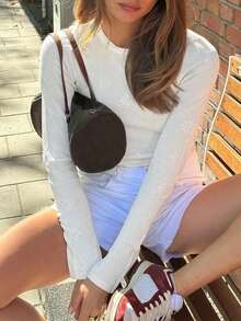 Damski sweter w nowym stylu, biały, z okrągłym dekoltem, długim rękawem, żakardowy, dopasowany, lekki, prosty, sportowy, swobodny, uniwersalny, sportowy, dzianinowy top, na jesień i zimę