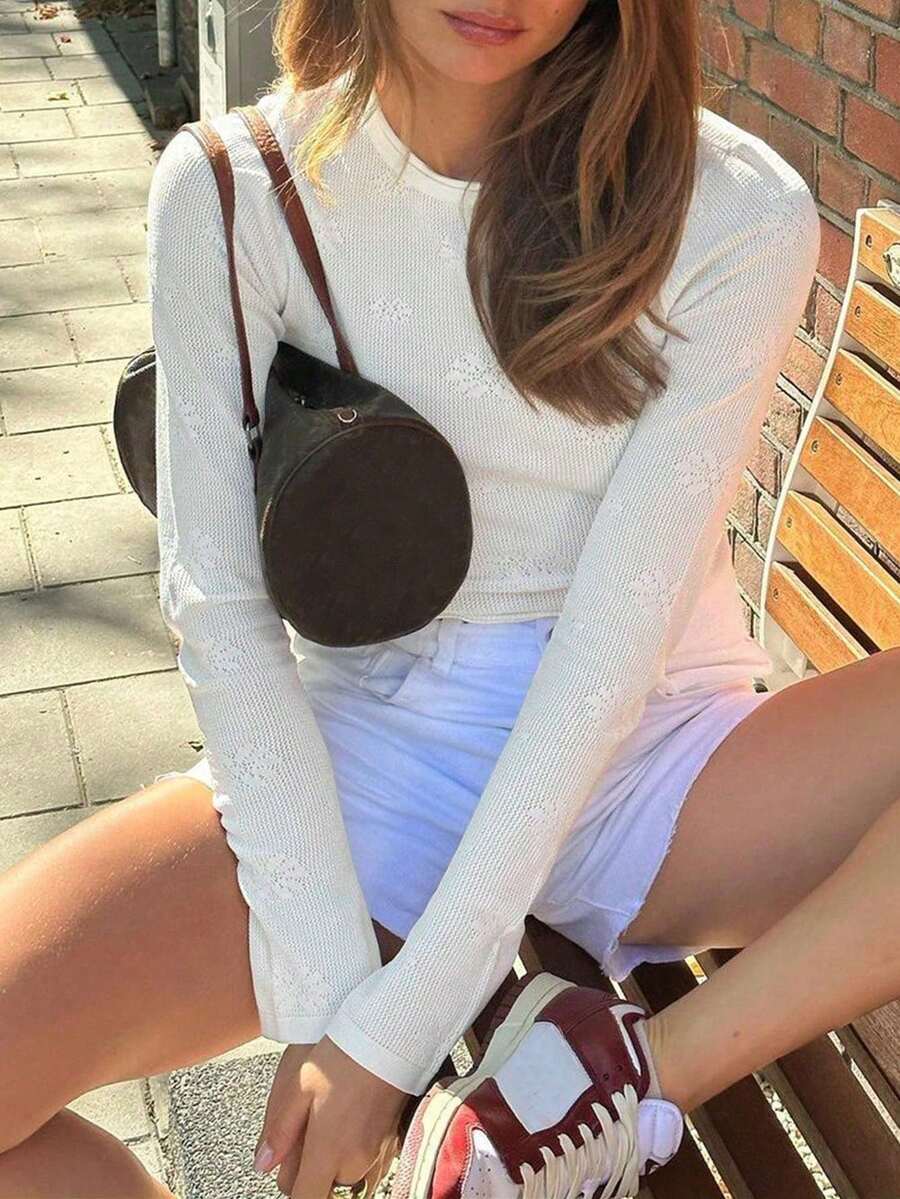 Damski sweter w nowym stylu, biały, z okrągłym dekoltem, długim rękawem, żakardowy, dopasowany, lekki, prosty, sportowy, swobodny, uniwersalny, sportowy, dzianinowy top, na jesień i zimę