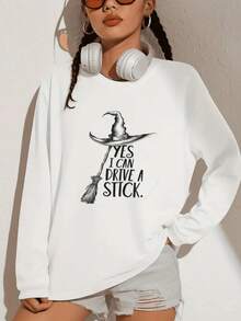 A Halloween Witch Costume Graphic Tees With "YES I CAN DRIVE A STICK" Printed On It. This New Spring/Autumn Style Women's Casual Long-Sleeved Round Neck T-Shirt Top Is Suitable For Both Home And Outdoor Use. Comfortable Fall Women Clothes