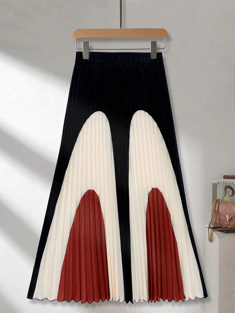 Falda versátil para ir al trabajo y fiestas, de diseño plisado de bloques de color de alta gama, falda larga ajustada de cintura alta con drapeado, vestido elegante retro para ir al trabajo y citas, apto para múltiples ocasiones, otoño/invierno - Rojo - Añade 2