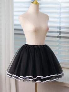 白色裙子配黑丝带洛丽塔可爱无骨蓬蓬裙角色扮演衬裙女式衬裙芭蕾舞裙配缎带 - A - 查看 4