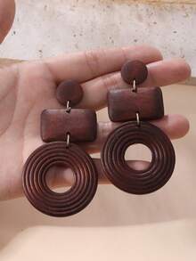 Pendientes largos de madera natural con diseño geométrico al estilo occidental para mujeres, perfectos para vacaciones en la playa, fiestas, viajes, festivales, uso diario y como regalo - Café integral - Ver 2