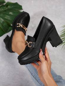 女士黑色厚底高跟乐福鞋，链条搭扣，一脚蹬厚底鞋 - 黑色(粗鏈條) - 查看 5