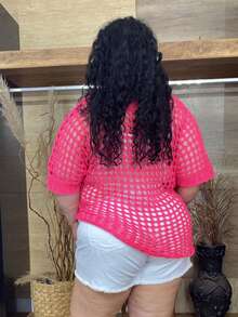 Women's Loose Beach Cover-Up Summer Bat Sleeve Knit Lace Overlay Crochet Style Stitch Blouse - Màu Hồng Tươi - Xem 7