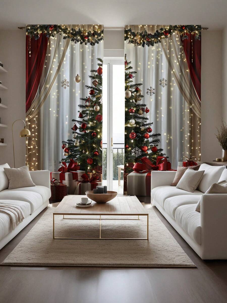 2 piezas Cortinas con estampado de árbol de Navidad - Cortinas de poliéster con estampado digital y ojales, adecuadas para sala de estar, dormitorio, cocina y decoración navideña del hogar, decoraciones navideñas, decoración de habitación - Multicolor - Ver 1