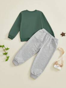 Toddler Baby Boys Fall Set Fashionable Long Sleeve Letters Print Pullover With Solid Color Pants 2 Pcs Outfits - Green - View 3