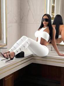 Ladies' Street Party Party Sexy Hot Girl Tight Fitting Slim Fit Strapless Hanging Neck Pants Two-Piece Set - 白色 - 查看 2