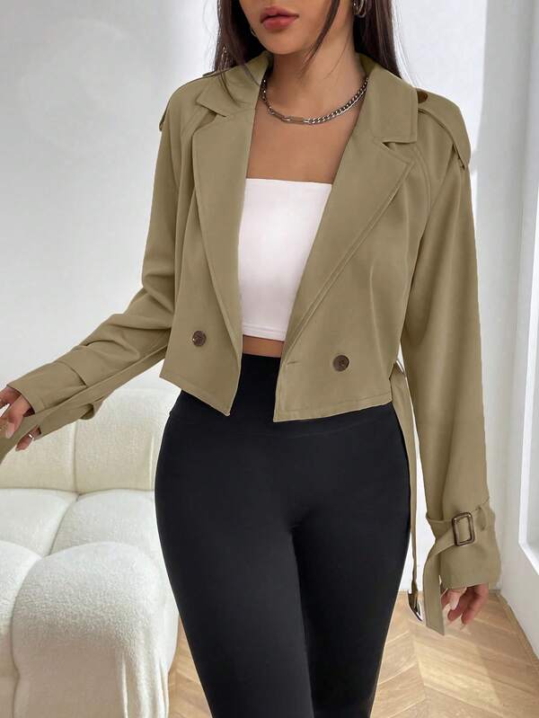 Chaqueta de mujer elegante y casual estilo motocicleta, abotonada de doble botonadura, con solapa grande, puños ajustables y manga larga