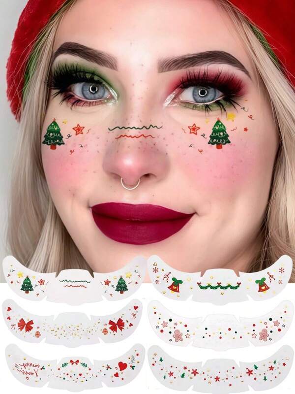 6 Sheets Christmas Freckles Face Tattoo With Trees Bow Gingerbread Man Bell Cute Waterproof Temporary Tattoos Stickers For Christmas Party Music Festival Christmas Elf Santa Claus Cosplay Accessories