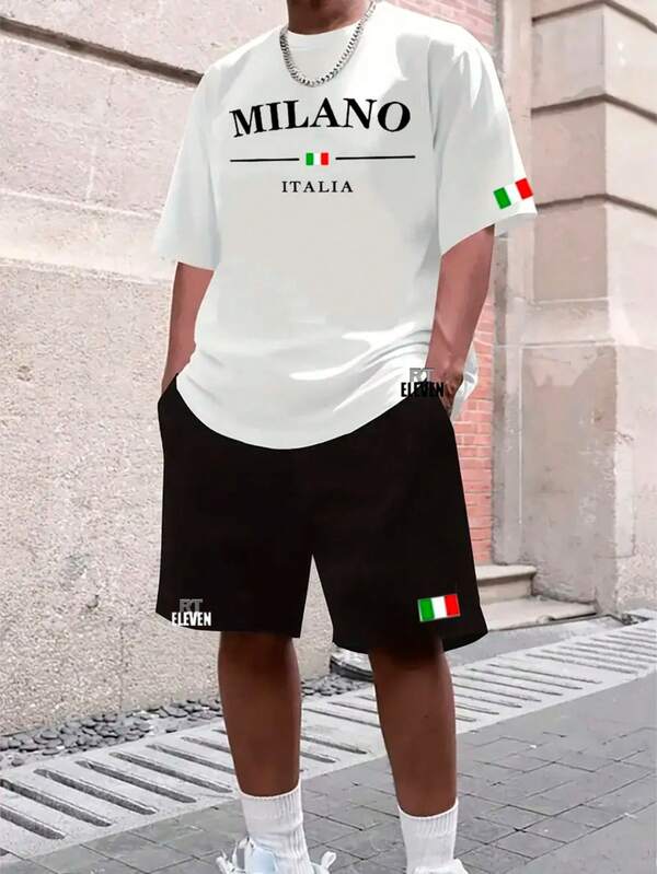 Conjunto Camiseta + Short Moletom Estampado Milano Itália Street Camiseta Malha 100% Algodão Linha Premium Bermuda De Moletom Com Bolso