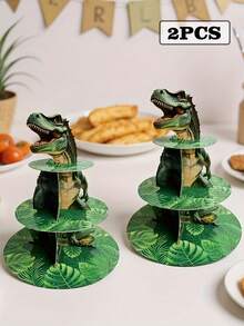 3-Tier Dinosaur Theme Disposable Cake Stand, Dinosaur Egg Cake Stand, Tyrannosaurus Rex Cake Stand, Paper Cake Tray, Cupcake Stand, Suitable For Halloween, Birthday Party, Family Gathering, Christmas, Jurassic Theme Party, Non-Food Contact
