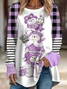 Plus Size Women's Cartoon Snowman & Plaid Print Long Sleeve Casual T-Shirt, Spring/Autumn