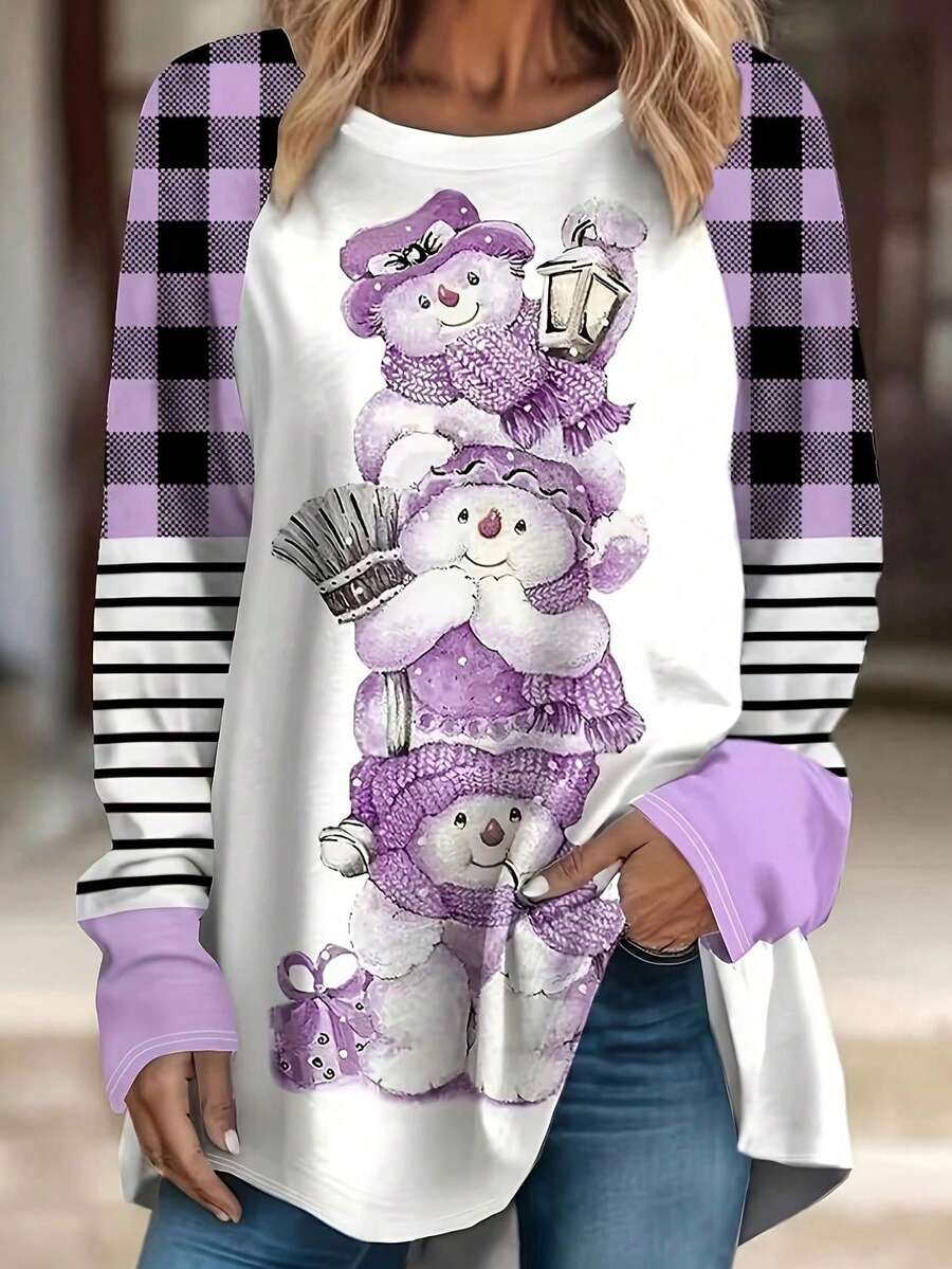 Plus Size Women's Cartoon Snowman & Plaid Print Long Sleeve Casual T-Shirt, Spring/Autumn