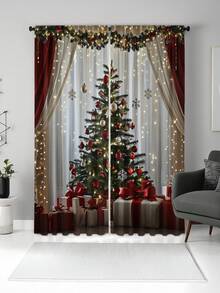2 piezas Cortinas con estampado de árbol de Navidad - Cortinas de poliéster con estampado digital y ojales, adecuadas para sala de estar, dormitorio, cocina y decoración navideña del hogar, decoraciones navideñas, decoración de habitación - Multicolor - Ver 4