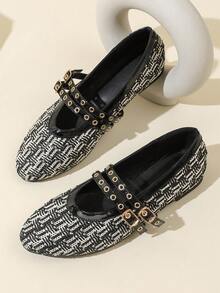 Sapatilhas Pretas e Brancas Trançadas de Bloco de Cores com Bico Redondo para Mulheres, Sapatilhas, Sapatilhas Clássicas, Outono, Balé