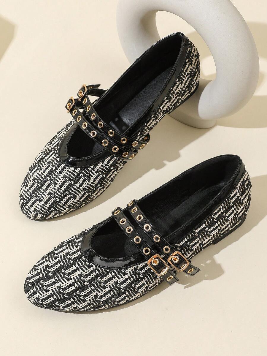 Sapatilhas Pretas e Brancas Trançadas de Bloco de Cores com Bico Redondo para Mulheres, Sapatilhas, Sapatilhas Clássicas, Outono, Balé