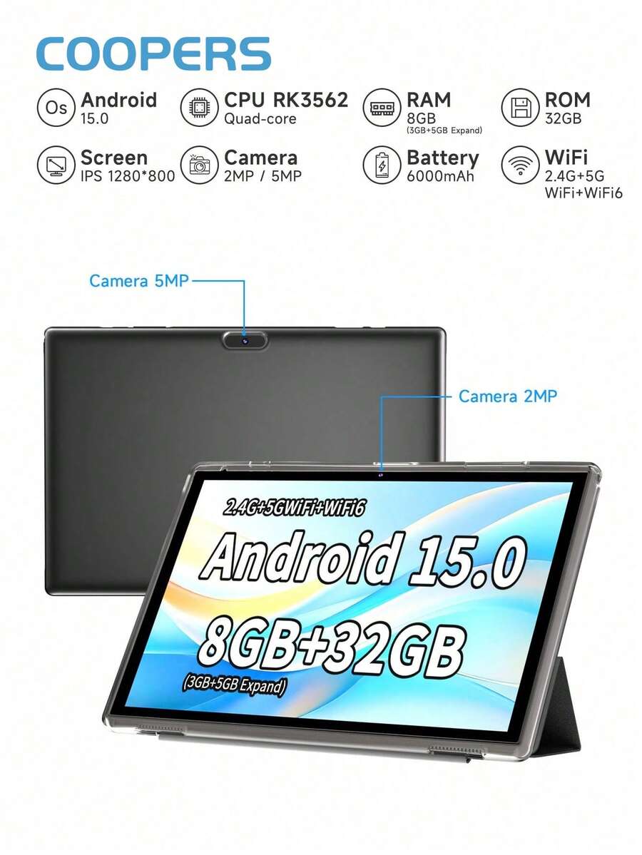 Coopers 10.1 Inch Android 15 Tablet With Protective Case, WiFi Tablet, RK3326S Quad-Core 1.6GHz/3GB RAM 32GB ROM/2.4G+5G WiFi+WiFi 6/BT 5.2/FHD IPS Touchscreen/2MP+5MP Dual Camera/6000mAh/Supports 1TB SD Expansion/Supports Widevine L1 (Adapter Not Included) - Grey - View 1